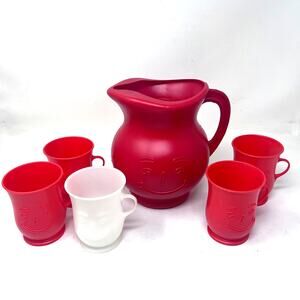 Kool Aid Man Pitcher and Cups Red White Plastic Handled 6 pc Kids VTG 80s